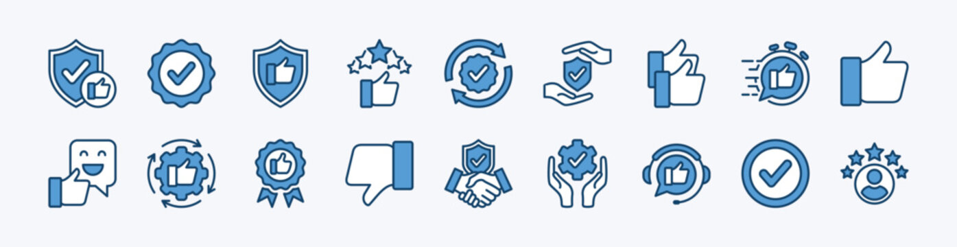 Set of reliability icon. Contains best practices, shield security, quality badge, trust brand, thumb up, five stars, satisfaction, checkmark, verified, authenticity, consistency. Vector illustration