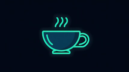 Glowing neon outline depiction of a steaming hot beverage in a ceramic cup is centered against a dark background.