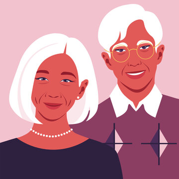 Asian elderly couple. Grandfather and grandmother are smiling. Portrait of happy old people. Vector flat illustration
