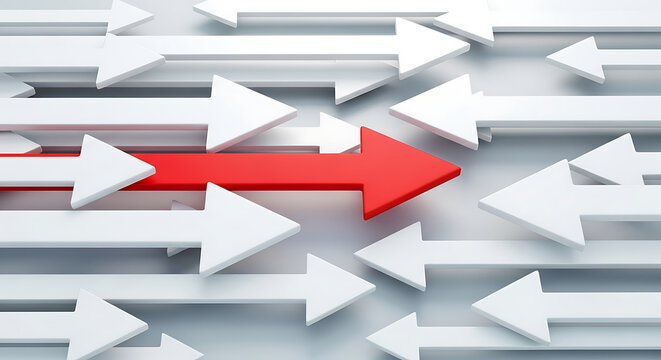 A lone red arrow stands out among numerous white arrows, symbolizing individuality and distinctiveness in a crowded environment.