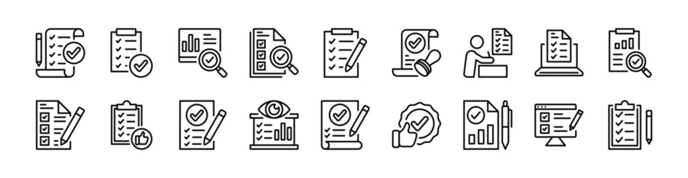 Quality control icon set. Contains evaluation, inspection, validation, checkmark, data analysis, review, list, checklist, testing, specification, consistency, approval, monitoring, report. Vector
