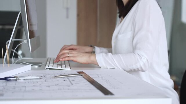 Architect creating new designs, working at a computer in office with blueprints and drafting tools. Business and architecture concept