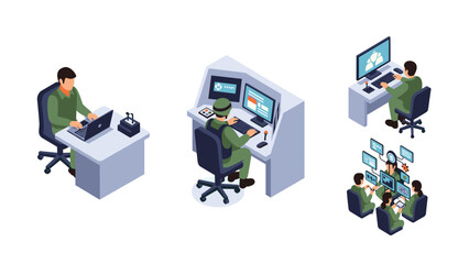 Isometric military personnel working with computers and monitors in office setting
