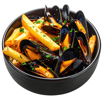 A generous serving of mosselen met friet for sharing, presented in a traditional pot, professionally isolated on a white background