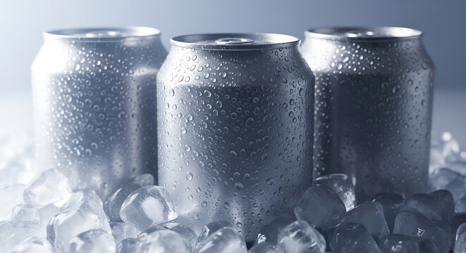 Three chilled beverage cans surrounded by ice, condensation forming droplets on their metallic surface in a refreshing close-up shot