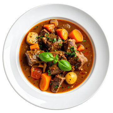Hearty french lamb stew, navarin d'agneau, a comforting one-pot meal with seasonal produce, isolated on a white background
