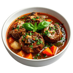 Gourmet osso buco, tender braised veal with the marrow bone, in a flavorful sauce, isolated on white background