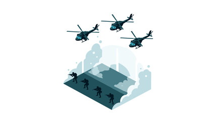 Fototapeta premium Isometric military helicopters and soldiers in tactical operation