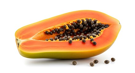 Vibrant Half-Cut Papaya Fruit Slice with Black Seeds Isolated on Pure White Background. Detailed Studio Shot of Ripe Tropical Fruit Showing Bright Orange Flesh for Health and Raw Food Concepts.