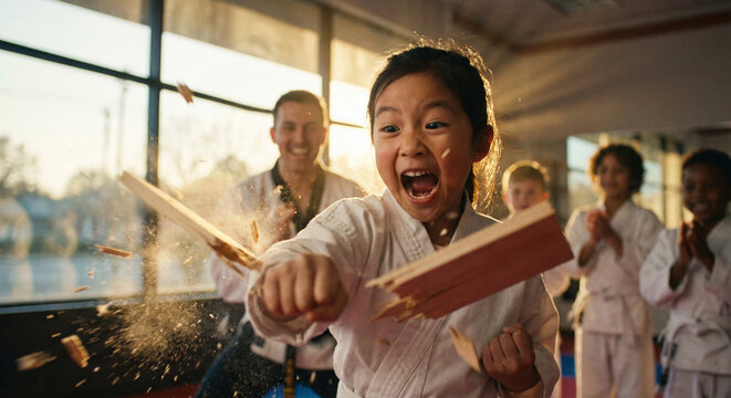 Young girl breaking a wooden board with a powerful punch during a karate class in a dojo. Expressive success and martial arts achievement