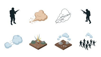 Fototapeta premium Military icons collection featuring soldiers, weapons, explosions, and terrain in isometric style