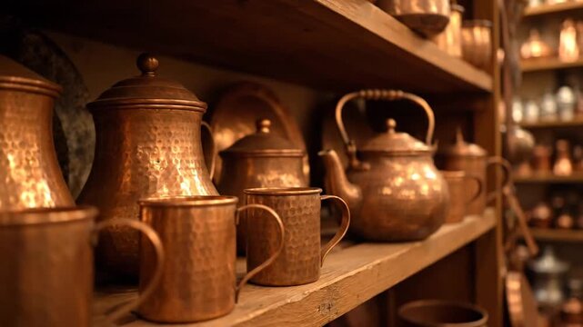 Copper kitchenware on shelf.