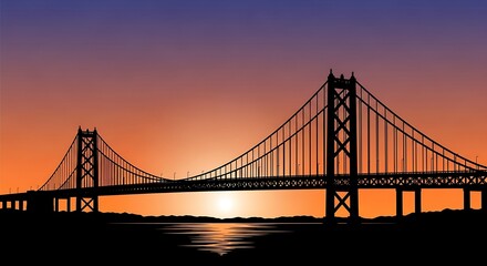 Obraz premium Golden sunset behind suspension bridge.
