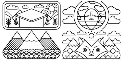 Fototapeta premium Travel Icons Set Featuring Tent, Mountains, Airplane And Fox