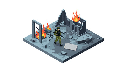 Fototapeta premium Isometric war zone with soldier and burning buildings on rubble