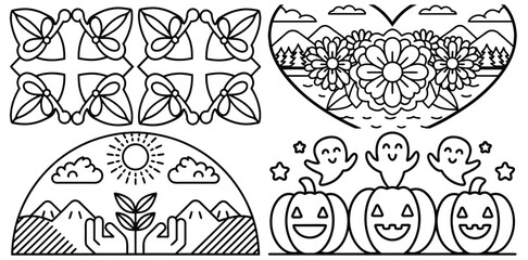 Naklejka premium Autumn Leaves, Pumpkins And Ghosts Coloring Pages Set For Kids