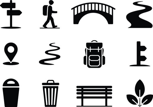 Collection of simple black vector icons representing outdoor recreation and park elements on a white background