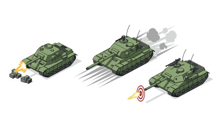 Fototapeta premium Isometric military tanks in motion with firing action and smoke effects