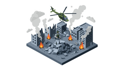 Fototapeta premium Isometric urban warfare scene with helicopter and soldier amidst burning ruins