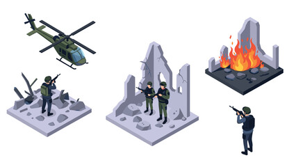 Fototapeta premium Isometric military scene with soldiers, helicopter, and ruined building elements