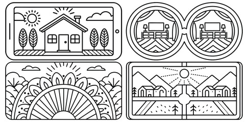 Fototapeta premium Home Farming Landscape Collection Linear Icons Set