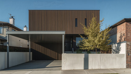 青空の下でブラウン外壁が映える二階建て住宅とカーポート正面