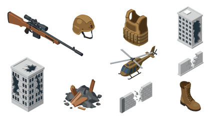 Obraz premium Isometric military equipment and damaged buildings depicting urban warfare scene