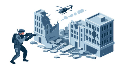 Fototapeta premium Urban warfare scene with soldier and helicopter amid ruined buildings
