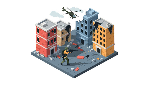 Urban warfare scene with soldier and helicopter in abandoned cityscape