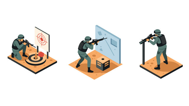 Isometric shooting range training with armed soldiers in action