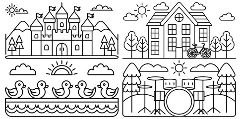 Obraz premium Charming Cityscape And Countryside Linear Icons Set For Design