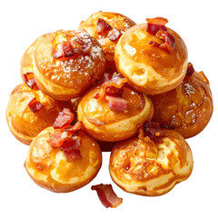 Golden-brown poffertjes and bacon served on a wooden board, a classic dutch comfort food, isolated on white background