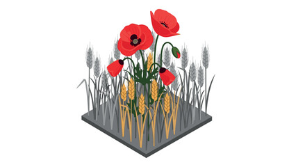 Naklejka premium Isometric poppies and wheat field in bloom with gray background