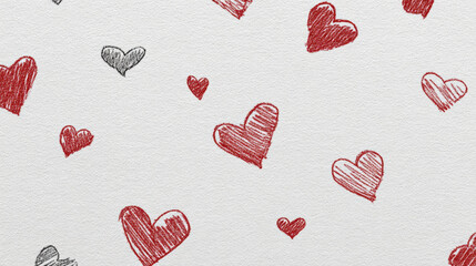 Hand drawn red hearts pattern on white paper texture background for romantic Valentines Day greeting cards, artistic crayon sketch love heart wallpaper and cute hand-drawn wedding invitation backdrop
