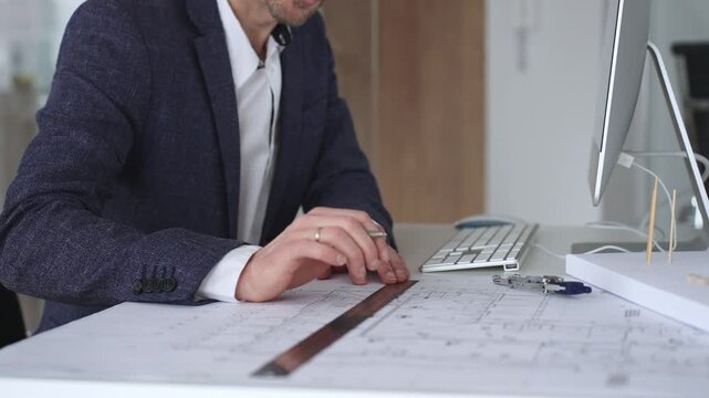 Professional architect drafting blueprints at a desk, holding a compass, focusing on structural plans and urban design. Business and architecture concept