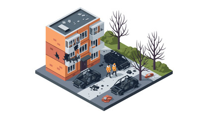 Obraz premium Isometric urban scene with building damage and debris in city environment
