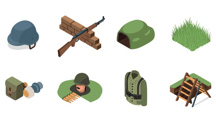 Fototapeta premium Isometric military equipment set: helmets, weapons, and uniforms for defense and strategy
