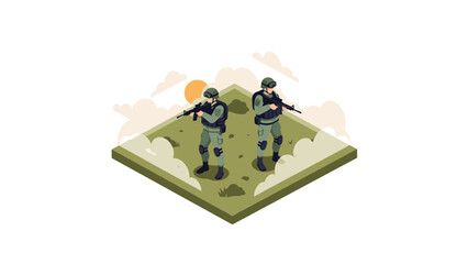 Fototapeta premium Isometric military soldiers on patrol in nature with guns