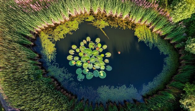 top down view of a serene pond filled with water lilies