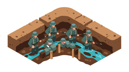 Fototapeta premium Isometric world war soldiers in trench with rifles and uniforms