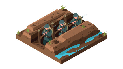 Fototapeta premium Soldiers in a world war i trench engaged in battle isometric view with detailed terrain