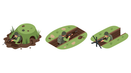 Fototapeta premium Isometric soldiers in defensive trenches with weapons in varied landscapes