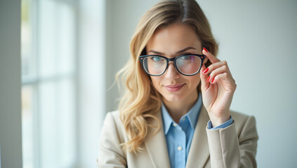 female office worker holds glasses in her hands