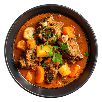 Rustic rabo de toro in a traditional clay pot, a classic and comforting spanish dish, isolated on white background