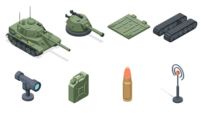 Military isometric set: tank, ammunition, radar, and equipment in 3d perspective