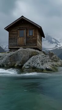 Vertical video: Panning camera right revealing wooden cabin on rock outcrop for wide view of rapids