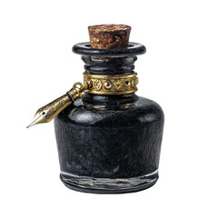 Close-up of antique ink bottle with quill pen, cork, and ornate gold band