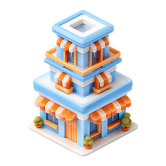 Three-tiered, stylized commercial building with awnings, blue, orange, and white color scheme