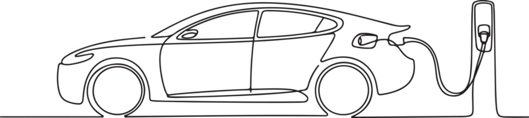 Continuous single line drawing of modern electric car is charging.one line vector illustration with white background.