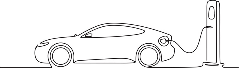 Fototapeta premium Continuous single line drawing of modern electric car is charging.one line vector illustration with white background.
